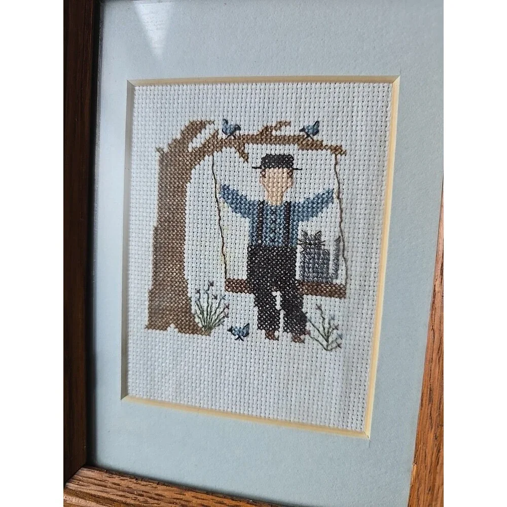 Framed Vintage Finished Cross Stitch Piece Amish Cat Play Day Swinging Birds
